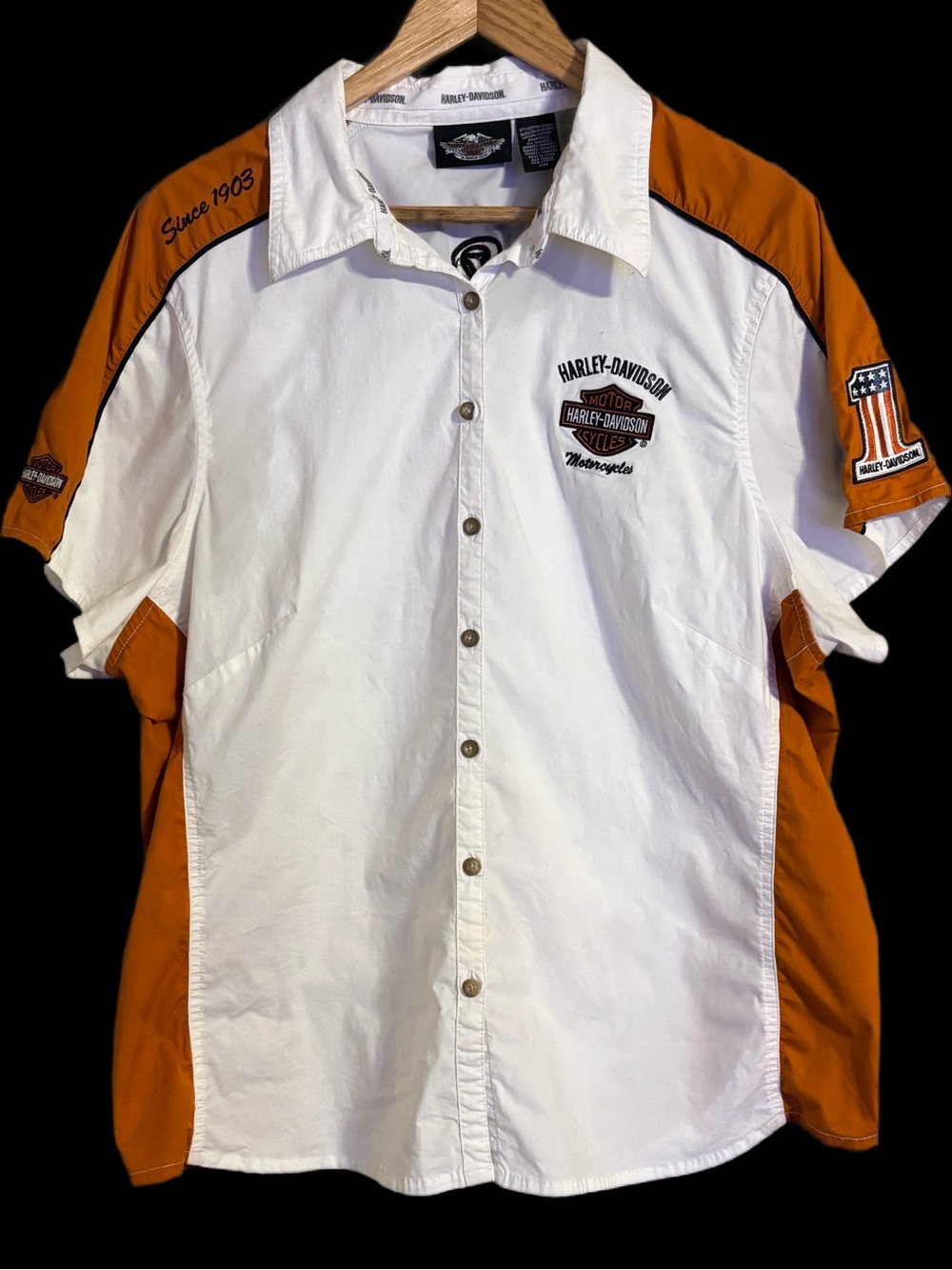 Harley-Davidson Women’s Mechanic White & Orange Short Button-Down Bowling Sz 2W